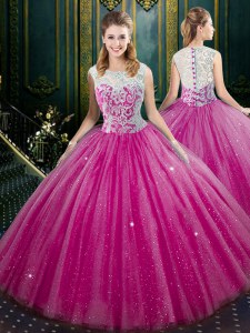 Customized Floor Length Fuchsia Sweet 16 Dress Tulle Sleeveless Lace
