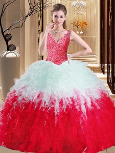 Fabulous White And Red Sweet 16 Dress Military Ball and Sweet 16 and Quinceanera and For with Lace and Appliques and Ruffles V-neck Sleeveless Zipper