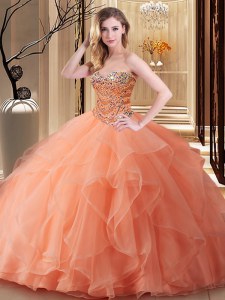 Great Peach Sleeveless Tulle Lace Up 15th Birthday Dress for Military Ball and Sweet 16 and Quinceanera