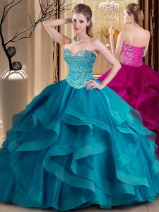 Pretty Teal Lace Up Sweetheart Beading and Ruffles Quinceanera Gowns Tulle Sleeveless
