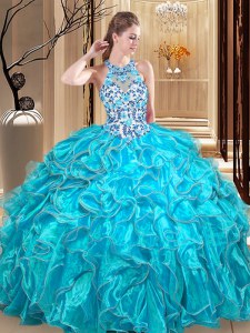Fantastic Teal Ball Gowns Organza Scoop Sleeveless Embroidery and Ruffles Floor Length Backless Quinceanera Dresses