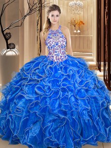 Scoop Embroidery and Ruffles Quinceanera Gown Royal Blue Backless Sleeveless Floor Length