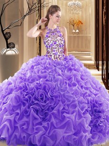Decent Lavender Organza Backless 15th Birthday Dress Sleeveless Brush Train Embroidery and Ruffles