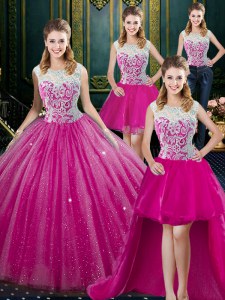 Exceptional Four Piece Floor Length Zipper Sweet 16 Dress Fuchsia for Military Ball and Sweet 16 and Quinceanera with Lace