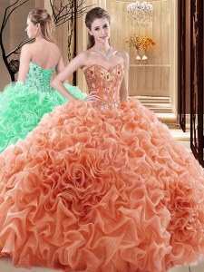 Customized Sleeveless Lace Up Floor Length Embroidery and Ruffles and Pick Ups Quinceanera Gown