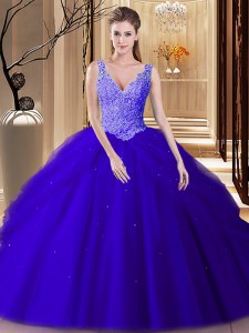 Wonderful Backless Tulle Sleeveless Floor Length Vestidos de Quinceanera and Lace and Appliques and Pick Ups