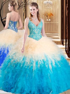 Multi-color Lace Up Ball Gown Prom Dress Lace and Ruffles Sleeveless Floor Length