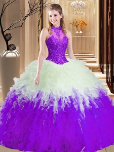 White And Purple High-neck Lace Up Lace and Appliques and Ruffles Quinceanera Dress Sleeveless