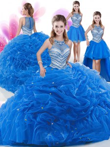 Dynamic Four Piece Sleeveless Floor Length Beading and Pick Ups Zipper 15th Birthday Dress with Royal Blue