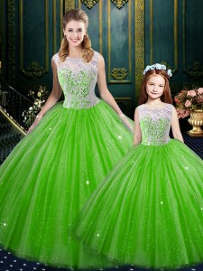 New Style Sleeveless Tulle Floor Length Lace Up 15 Quinceanera Dress in with Lace