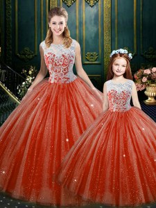 Most Popular Orange Red Sleeveless Tulle Zipper Vestidos de Quinceanera for Military Ball and Sweet 16 and Quinceanera