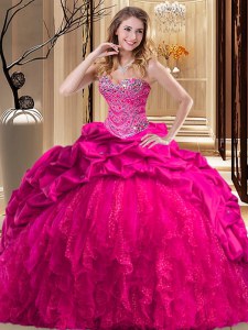 Ball Gowns Sleeveless Hot Pink Ball Gown Prom Dress Brush Train Lace Up