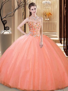Inexpensive Peach Sweetheart Lace Up Embroidery Ball Gown Prom Dress Sleeveless