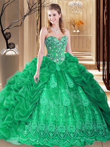 Green Ball Gowns Organza Sweetheart Sleeveless Embroidery and Pick Ups Lace Up Quinceanera Dress Court Train