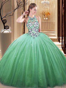Green Sleeveless Floor Length Lace and Appliques Lace Up Sweet 16 Dresses