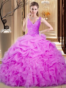 Discount Lilac Ball Gowns Organza Sweetheart Sleeveless Lace and Ruffles and Pick Ups Floor Length Backless Quinceanera Dress
