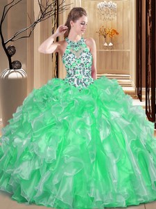 Simple Scoop Organza Sleeveless Floor Length Quince Ball Gowns and Embroidery and Ruffles