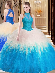 Multi-color Backless Quinceanera Dress Lace and Appliques and Ruffles Sleeveless Floor Length