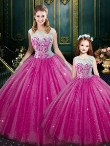 Hot Pink Ball Gowns High-neck Sleeveless Tulle Floor Length Lace Up Lace 15 Quinceanera Dress