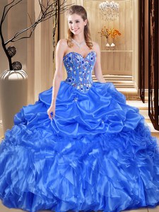 High Quality Organza Sweetheart Sleeveless Lace Up Lace and Appliques Quinceanera Gown in Royal Blue