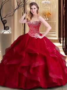 Fine Wine Red Sweetheart Neckline Beading and Ruffles 15th Birthday Dress Sleeveless Lace Up