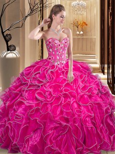 Exceptional Fuchsia Ball Gown Prom Dress Military Ball and Sweet 16 and Quinceanera and For with Embroidery and Ruffles Sweetheart Sleeveless Lace Up