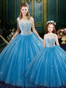 Floor Length Lace Up Ball Gown Prom Dress Baby Blue for Military Ball and Sweet 16 and Quinceanera with Lace