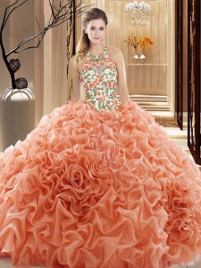 Adorable Peach Sleeveless Organza Court Train Backless Quinceanera Gown for Prom and Military Ball and Sweet 16 and Quinceanera