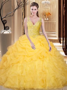 Gold Ball Gowns Lace and Appliques and Ruffles and Pick Ups 15th Birthday Dress Backless Organza Sleeveless Floor Length