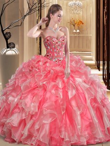 Watermelon Red Sleeveless Organza Lace Up Quinceanera Dresses for Military Ball and Sweet 16 and Quinceanera