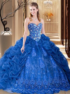 Royal Blue Ball Gowns Embroidery and Pick Ups 15th Birthday Dress Lace Up Organza Sleeveless