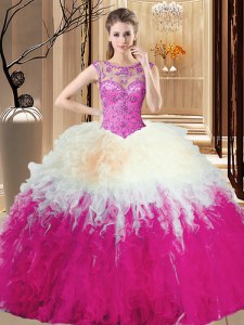 Hot Selling Sleeveless Tulle Floor Length Backless Quinceanera Gown in Multi-color with Beading and Ruffles