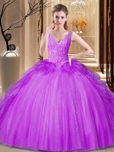 Flirting Purple Tulle and Sequined Backless V-neck Sleeveless Floor Length Sweet 16 Dress Appliques and Ruffles and Sequins