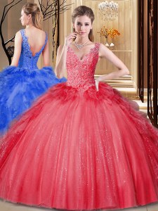 Flare Red Ball Gowns V-neck Sleeveless Tulle and Sequined Floor Length Backless Appliques and Sequins and Pick Ups Vestidos de Quinceanera