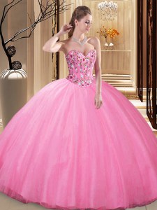 Delicate Rose Pink Tulle Lace Up Quinceanera Gowns Sleeveless Floor Length Embroidery