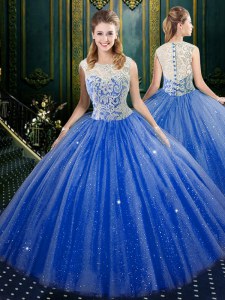 Floor Length Royal Blue Quinceanera Gowns Tulle Sleeveless Lace
