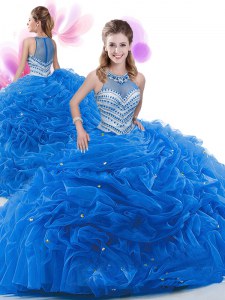 Traditional Court Train Ball Gowns 15 Quinceanera Dress Royal Blue Organza Sleeveless Zipper