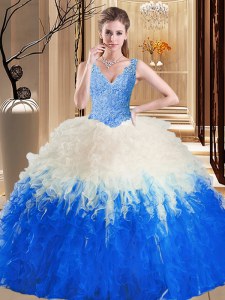 Floor Length Ball Gowns Sleeveless Blue And White Sweet 16 Dress Zipper