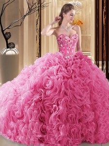 New Style Pick Ups Ball Gowns Quinceanera Dresses Rose Pink Sweetheart Fabric With Rolling Flowers Sleeveless Floor Length Lace Up