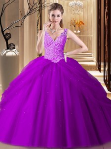 Super Sleeveless Floor Length Appliques and Pick Ups Backless Ball Gown Prom Dress with Purple