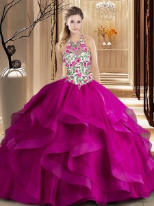 Most Popular Scoop Sleeveless Tulle 15th Birthday Dress Embroidery and Ruffles Brush Train Zipper