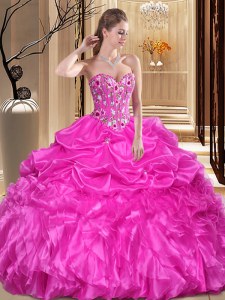 Discount Fuchsia Ball Gowns Organza Sweetheart Sleeveless Embroidery and Ruffles Floor Length Lace Up Quinceanera Gowns