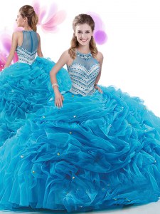 Elegant Baby Blue Sweet 16 Dresses Organza Court Train Sleeveless Ruffles