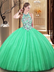 Modern Green Quinceanera Dress Military Ball and Sweet 16 and Quinceanera and For with Lace and Appliques High-neck Sleeveless Lace Up