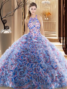 Criss Cross Fabric With Rolling Flowers Sleeveless 15 Quinceanera Dress Brush Train and Ruffles and Pattern