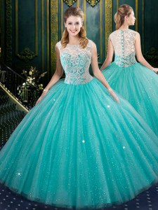 Stunning Aqua Blue Zipper Quinceanera Dress Lace Sleeveless Floor Length