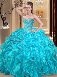 Aqua Blue Ball Gowns Sweetheart Sleeveless Organza Floor Length Lace Up Beading and Ruffles Quinceanera Gowns