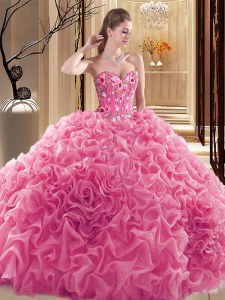 Comfortable Rose Pink Ball Gowns Sweetheart Sleeveless Fabric With Rolling Flowers Floor Length Lace Up Embroidery and Ruffles and Pick Ups Sweet 16 Quinceanera Dress