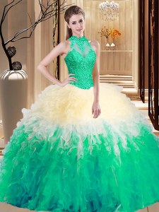 Backless Organza Sleeveless Floor Length Quinceanera Gowns and Lace and Appliques and Ruffles