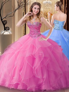 Rose Pink Sleeveless Tulle Lace Up Ball Gown Prom Dress for Military Ball and Sweet 16 and Quinceanera